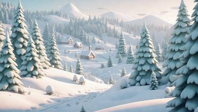The primary subject of the image is a snowy landscape with a village in the background. The setting is a snow-covered hillside with trees and houses. The visual style is a digital art or illustration, creating a wintery and serene atmosphere. The dominant colors are white and gray, with the snow covering the landscape, and the village and trees adding a touch of warmth to the scene.